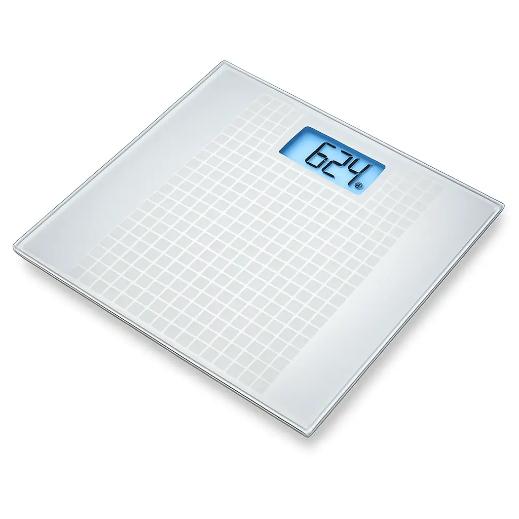 ترازو دیجیتال شیشه‌ای بیورر مدل GS206 طرح اسکورس | Beurer GS206 Squares با نمایشگر آبی و طراحی زاویه‌دار، مناسب استفاده در فروشگاه تجهیزات پزشکی کیهان‌طب K-TEB