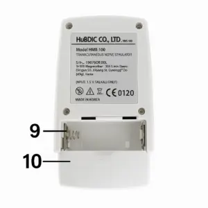 نمای پشت دستگاه تنس فیزیوتراپی دو کاناله هابدیک HuBDIC مدل HMB-100 شامل محل قرارگیری باتری، پوشش محافظ باتری و برچسب اطلاعات فنی دستگاه با مشخصات ساخت کره جنوبی