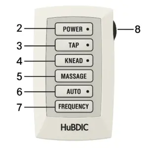 نمای جلوی دستگاه تنس فیزیوتراپی دو کاناله هابدیک HuBDIC مدل HMB-100 شامل دکمه‌های POWER، TAP، KNEAD، MASSAGE، AUTO و FREQUENCY به همراه پیچ تنظیم شدت (INTENSITY Dial) در سمت راست دستگاه