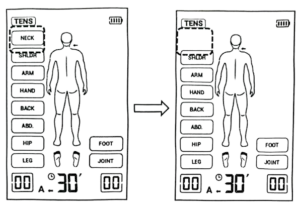 انتخاب ناحیه درمان در دستگاه فیزیوتراپی JUMPER JPD-ES220 – نمایش محل درمان روی صفحه LCD