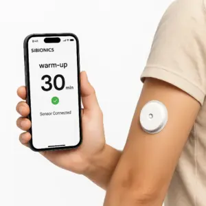 گام ۷ شروع Warm-Up سنسور دستگاه تست قند خون مداوم سیبیونیکس SIBIONICS GS1 CGM روی بازو همراه با نمایش شمارش معکوس در اپلیکیشن – فروشگاه k-teb.com 