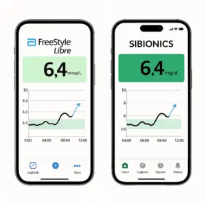 مقایسه اپلیکیشن سیبیونیکس SIBIONICS GS1 CGM و اپلیکیشن FreeStyle Libre در یک تصویر جهت نمایش سازگاری روال نصب و استفاده | فروشگاه تجهیزات پزشکی کیهان طب k-teb.com 