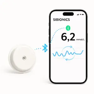 نمایش همگام‌سازی لحظه‌ای Real-Time Sync بین سنسور سیبیونیکس SIBIONICS GS1 CGM و گوشی از طریق بلوتوث کم‌مصرف BLE | فروشگاه تجهیزات پزشکی کیهان طب k-teb.com 