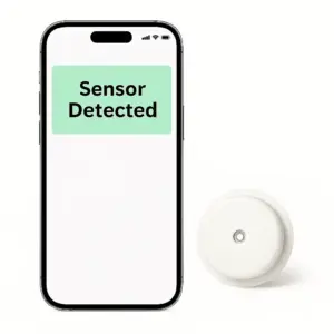 نمایش پیام Sensor Detected در اپلیکیشن دستگاه تست قند خون مداوم سیبیونیکس SIBIONICS GS1 CGM به‌همراه ماکت سنسور | فروشگاه تجهیزات پزشکی کیهان طب k-teb.com 