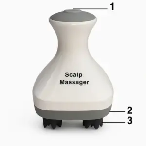 نمایش اجزای شمارهگذاریشده ماساژور سر شارژی اسکالپ مدل AH-368 شامل دکمه اصلی، درپوش پایینی، سریهای ماساژ سیلیکونی و درگاه DC روی پایه شارژ | k-teb.com