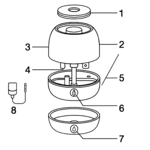 نمای انفجاری دستگاه بخور سرد اولتراسونیک بوندی مد مدل Bondi Med BMH-128 شامل درپوش مخزن، مخزن آب، پیستون، سینی اسانس، پایه و آداپتور DC – کیهان طب k-teb.com