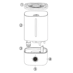 نمای انفجاری قطعات دستگاه بخور سرد بوندی مد مدل Bondi Med BMH-206 شامل پوشش مخزن، مخزن آب، بخش عمودی داخل پایه، ولوم تنظیم بخار و محفظه اسانس در سایت تجهیزات پزشکی کیهان k-teb.com